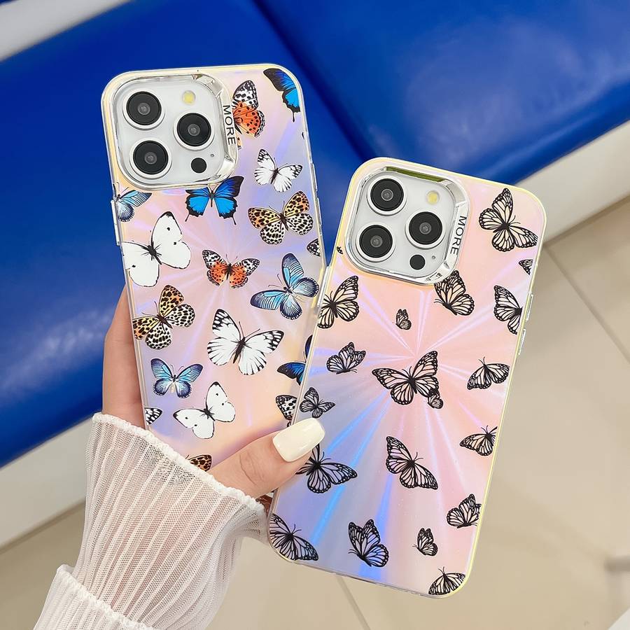 For iPhone 15 Pro Max Electroplating Laser Butterfly Phone Case(Purple Butterflies AB3)