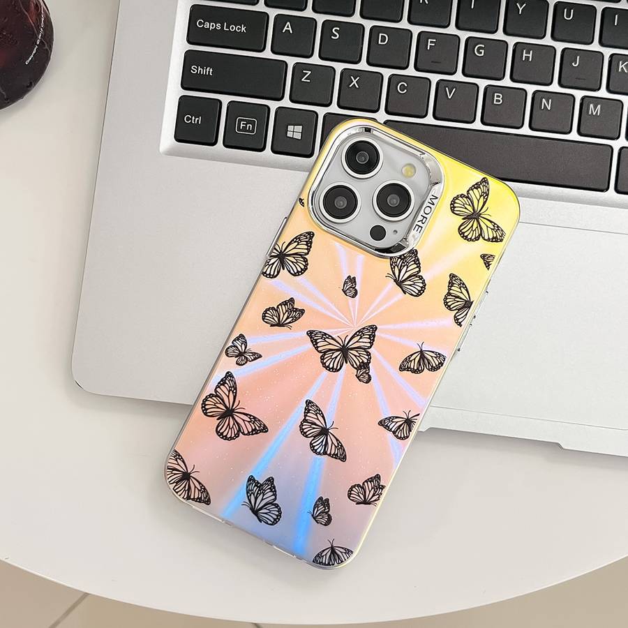 For iPhone 15 Pro Max Electroplating Laser Butterfly Phone Case(Purple Butterflies AB3)