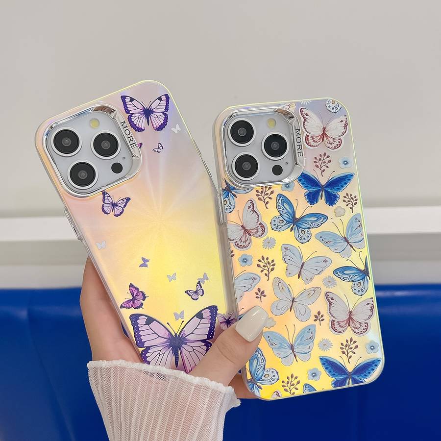 For iPhone 15 Pro Max Electroplating Laser Butterfly Phone Case(Purple Butterflies AB3)