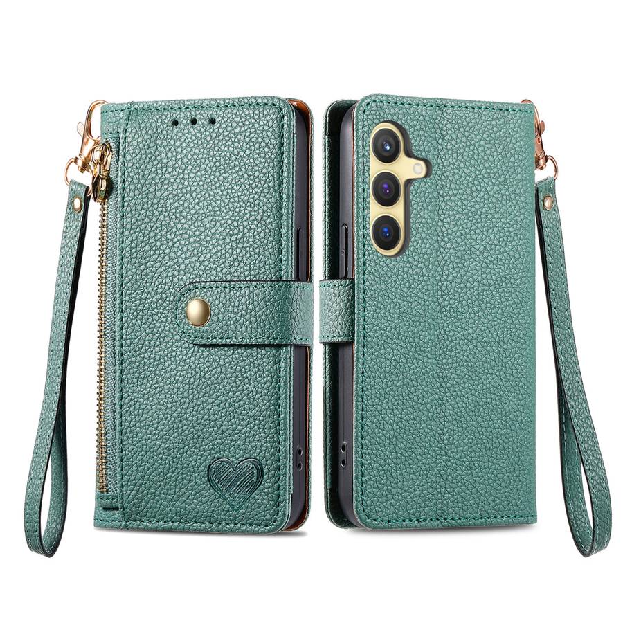 For Samsung Galaxy S25+ 5G Love Zipper Lanyard Leather Phone Case(Green)