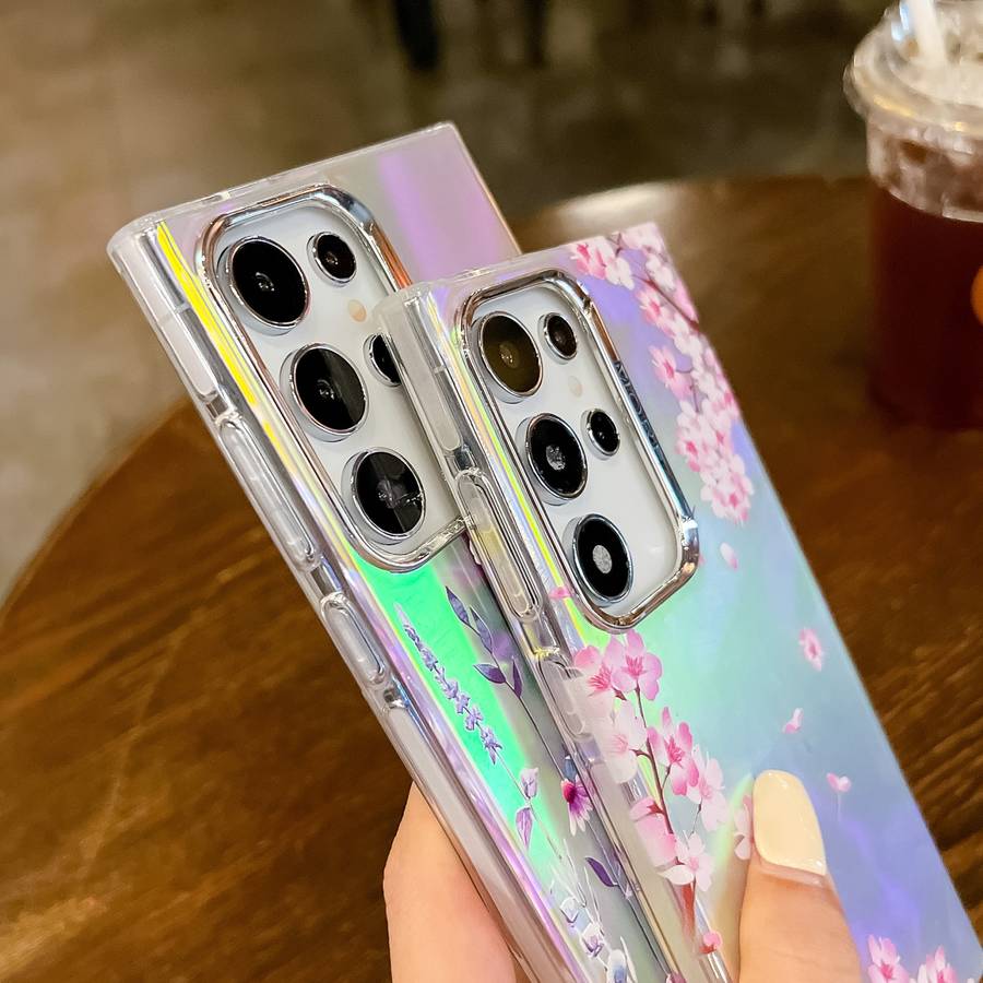 For Samsung Galaxy S24 5G Electroplating Laser Flower Texture TPU Phone Case(Peach Blossom AH4)