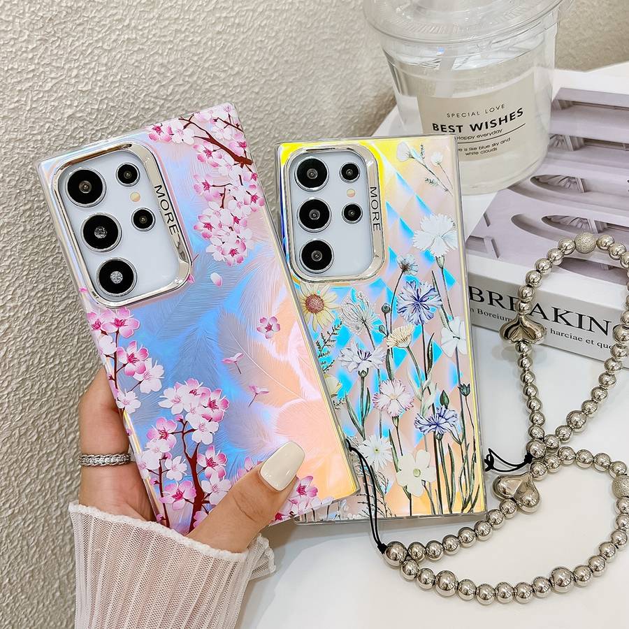 For Samsung Galaxy S22 Ultra 5G Electroplating Laser Flower Phone Case with Wrist Strap(Myosoti