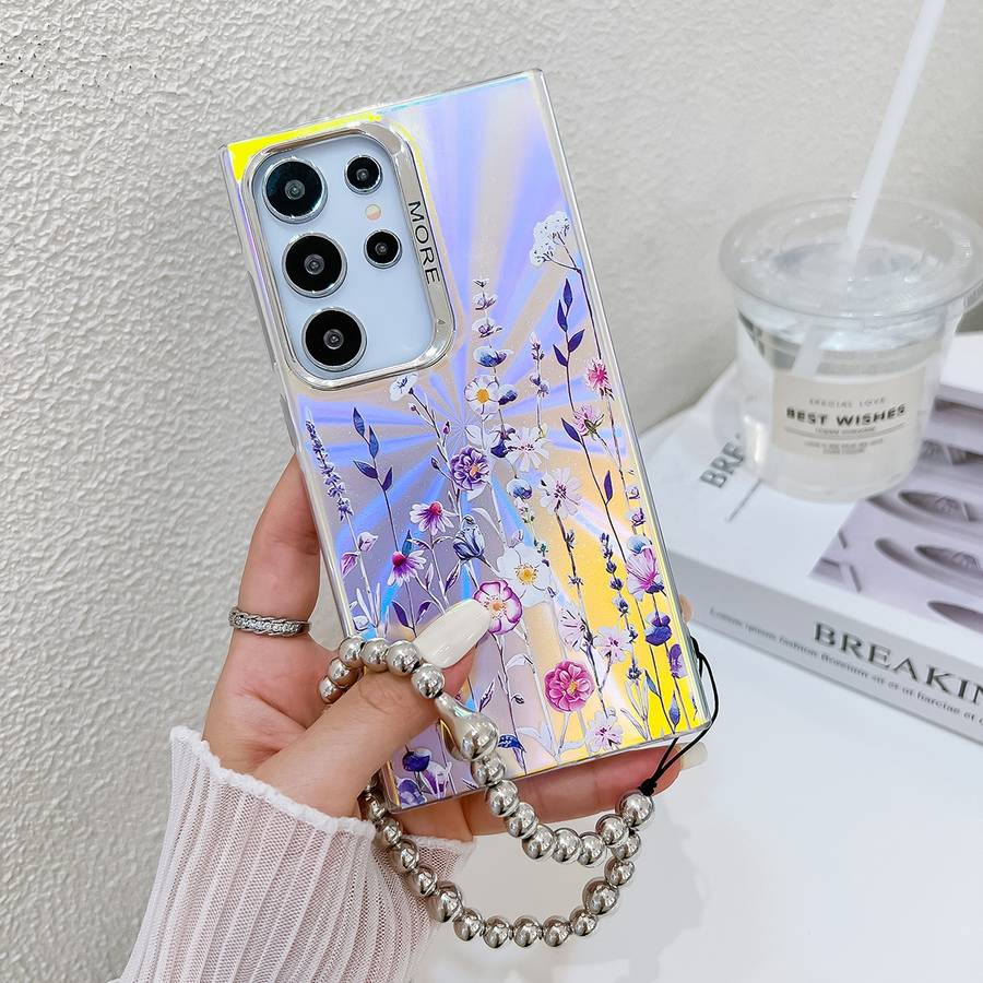 For Samsung Galaxy S22 Ultra 5G Electroplating Laser Flower Phone Case with Wrist Strap(Myosoti