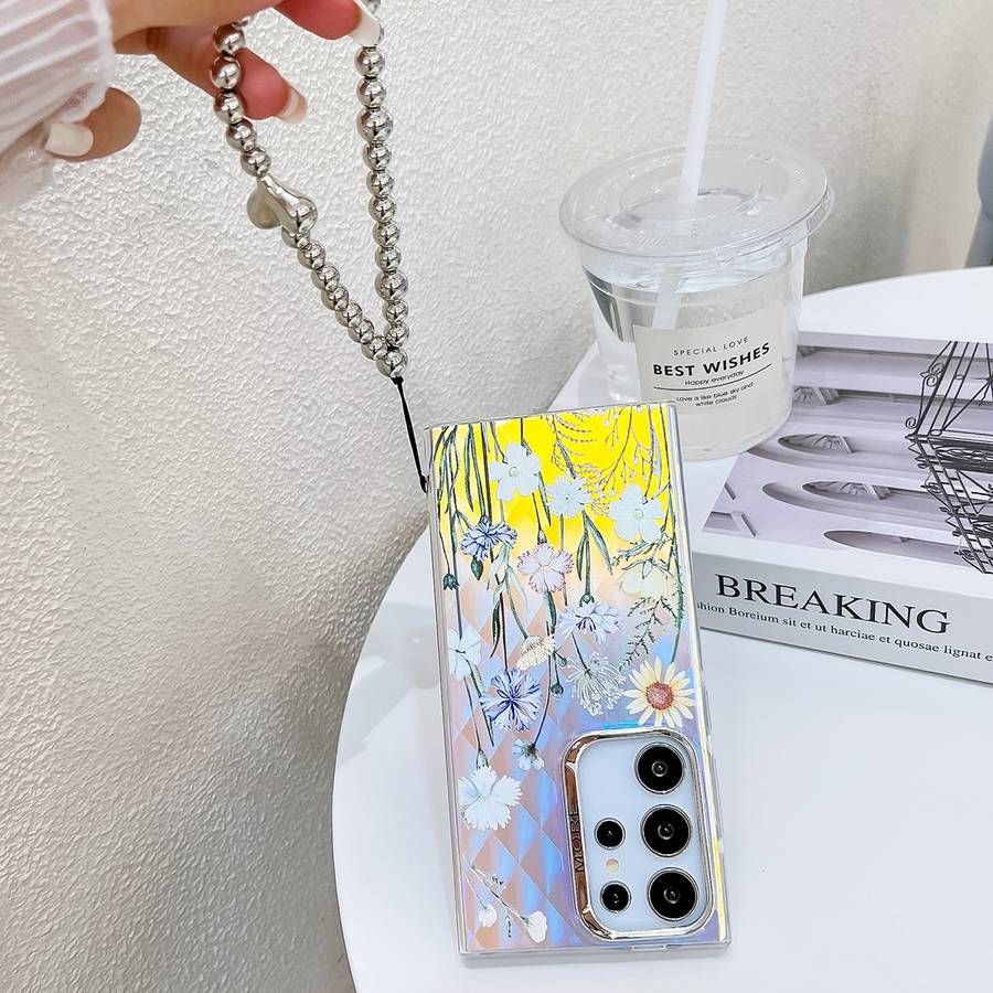 For Samsung Galaxy S22 Ultra 5G Electroplating Laser Flower Phone Case with Wrist Strap(Myosoti