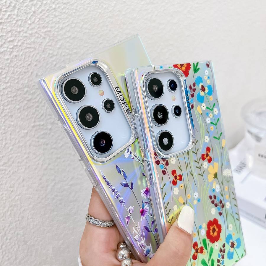 For Samsung Galaxy S22 Ultra 5G Electroplating Laser Flower Phone Case with Wrist Strap(Myosoti