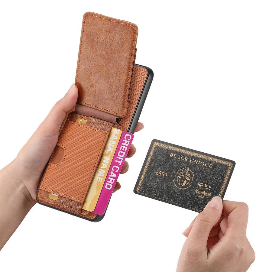 For OnePlus 11 Carbon Fiber Vertical Flip Wallet Stand Phone Case(Brown)