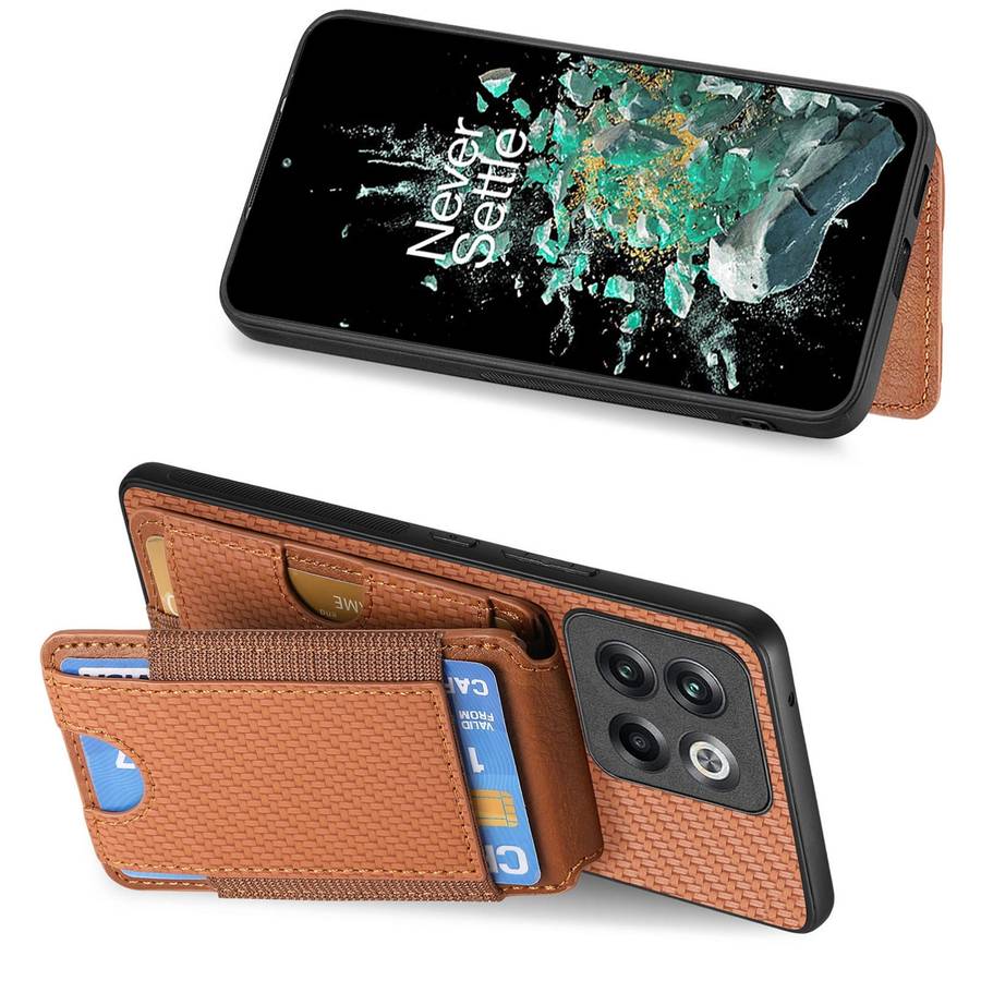 For OnePlus 11 Carbon Fiber Vertical Flip Wallet Stand Phone Case(Brown)