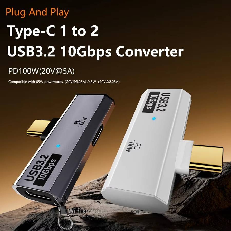 USB-C / Type-C Male to Dual Type-C Female USB3.2/10Gbps OTG Converter PD100W Charging ... (White)