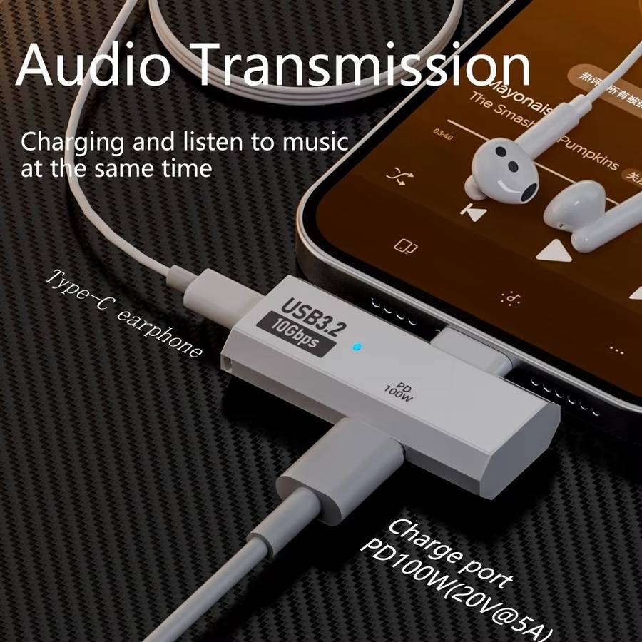 USB-C / Type-C Male to Dual Type-C Female USB3.2/10Gbps OTG Converter PD100W Charging ... (White)