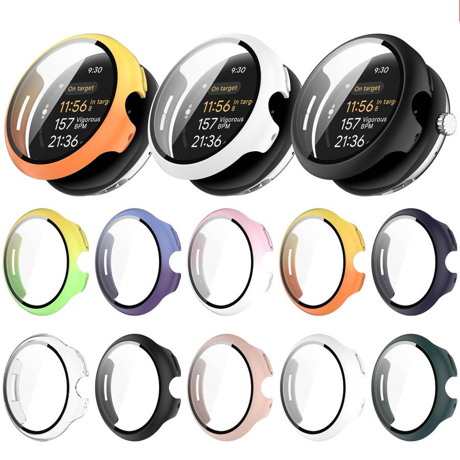 For Google Pixel Watch 3 45mm PC + Tempered Film Integrated Watch Protective Case(Yellow+Green)