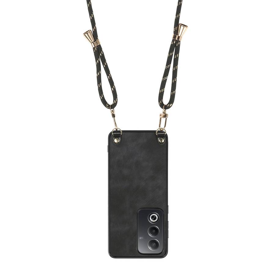 For OPPO Reno6 5G Vintage Leather PC Back Cover Phone Case with Crossbody Strap(Black)