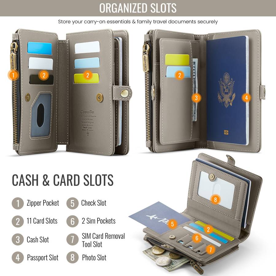 CaseMe-Me60 Multi-functional Anti-theft Swipe Passport Wallet(Grey)