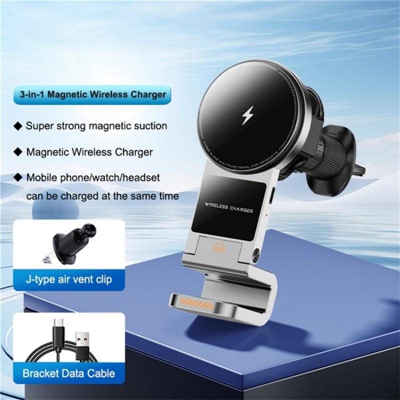 SD16 For Phone Watch Earphone Car Air Vent Phone Holder Magnetic 3 in 1 Wireless Charger(Grey)