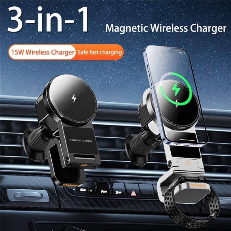 SD16 For Phone Watch Earphone Car Air Vent Phone Holder Magnetic 3 in 1 Wireless Charger(Grey)