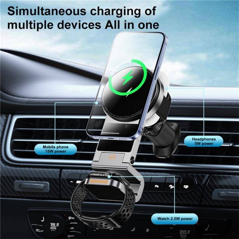 SD16 For Phone Watch Earphone Car Air Vent Phone Holder Magnetic 3 in 1 Wireless Charger(Grey)