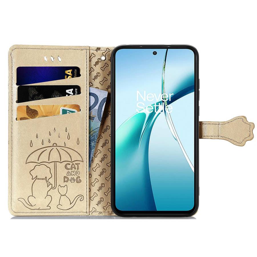 For Samsung Galaxy S25 Edge 5G Cat and Dog Embossed Leather Phone Case(Gold)