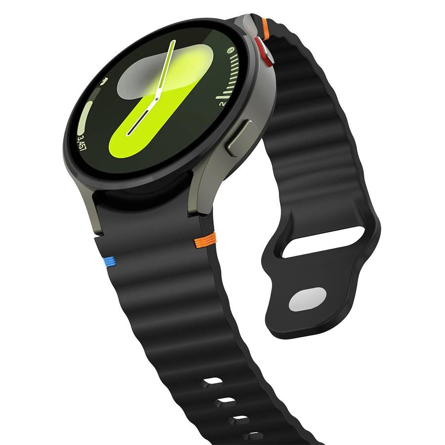 For Samsung Galaxy Watch 7 40mm / 44mm Wavy Grain Stitched Reverse Buckle 20mm Silicon ... (Black)