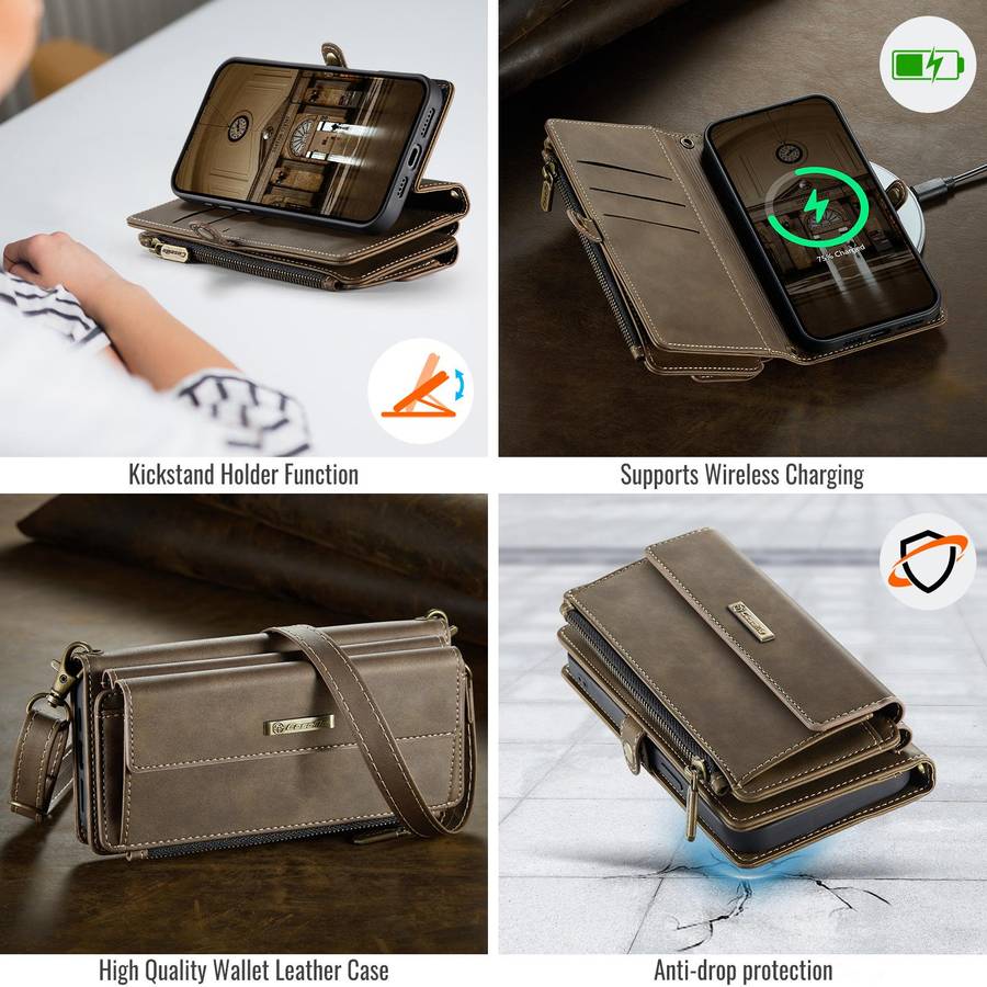 For iPhone 12 mini CaseMe C39 RFID Blocking Zipper Wallet Leather Phone Case with Cro ... (Coffee)