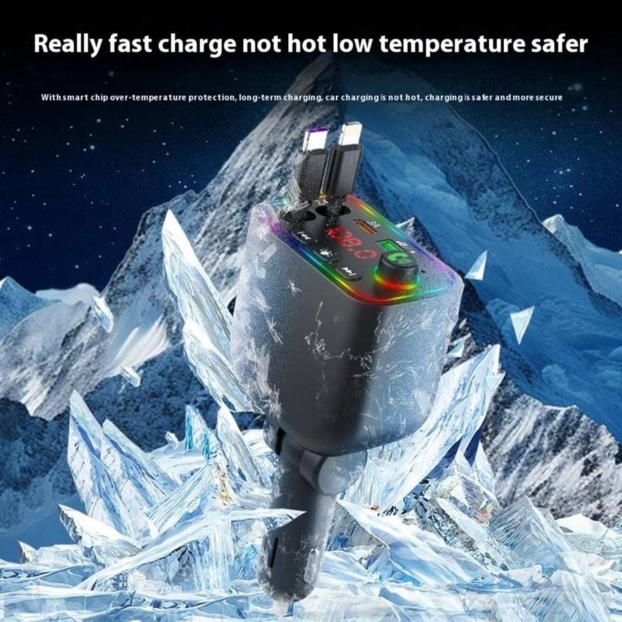 L4 Fast Charging Car Charger MP3 Player Retractable Cable FM Transmitter