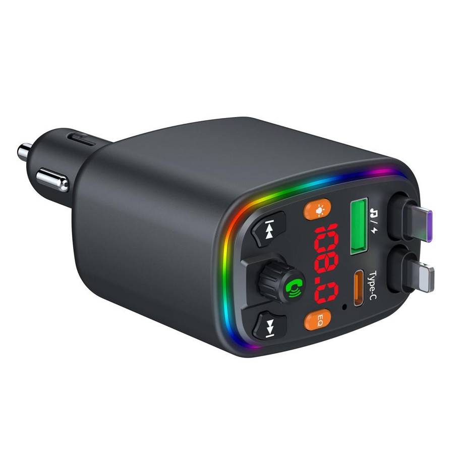 Y10 With Retractable Type C + iP Cable Car Charger FM Transmitter Bluetooth MP3 Player