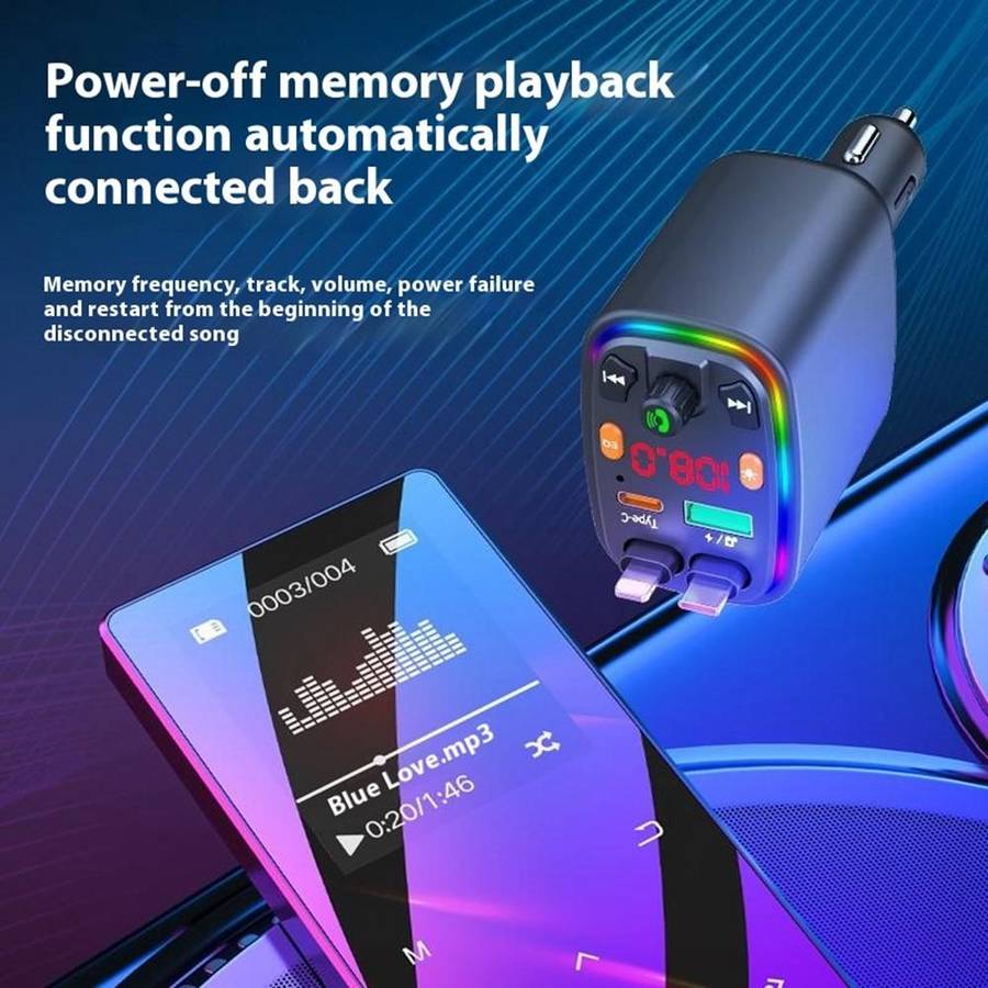 Y10 With Retractable Type C + iP Cable Car Charger FM Transmitter Bluetooth MP3 Player