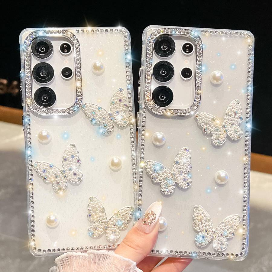For Samsung Galaxy S23 Ultra 5G Diamond Glitter Pearl Butterfly Four-Corner Shockproof ... (White)