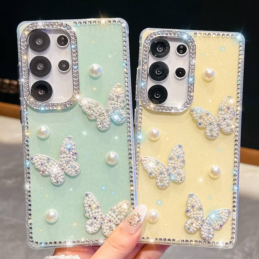For Samsung Galaxy S23 Ultra 5G Diamond Glitter Pearl Butterfly Four-Corner Shockproof ... (White)