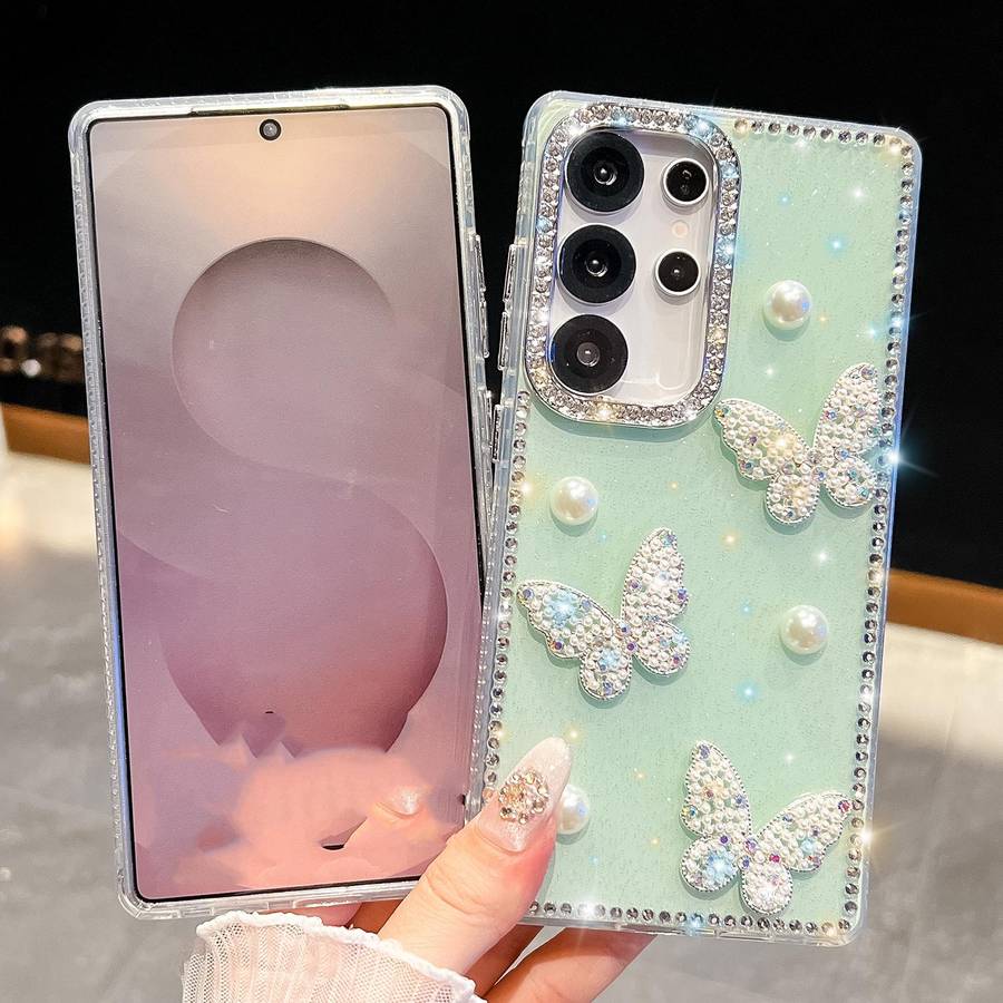 For Samsung Galaxy S23 Ultra 5G Diamond Glitter Pearl Butterfly Four-Corner Shockproof ... (White)
