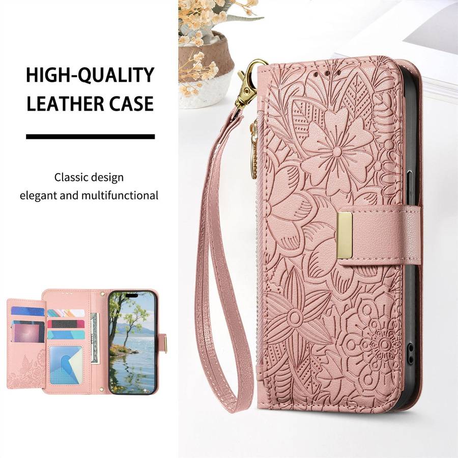 For Redmi Note 14 Pro+ 5G Flowers Leaves Zipper Wallet Leather Phone Case with Strap(Pink)