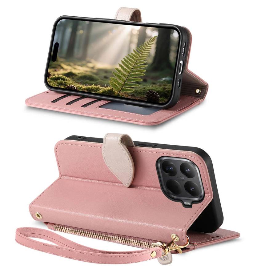For Redmi 15C 5G / 4G Global 171mm Leaf Buckle Zipper Wallet Leather Phone Case with Strap(Pink)