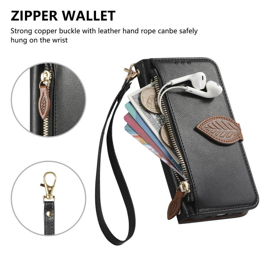 For Redmi 15C 5G / 4G Global 171mm Leaf Buckle Zipper Wallet Leather Phone Case with Strap(Black)