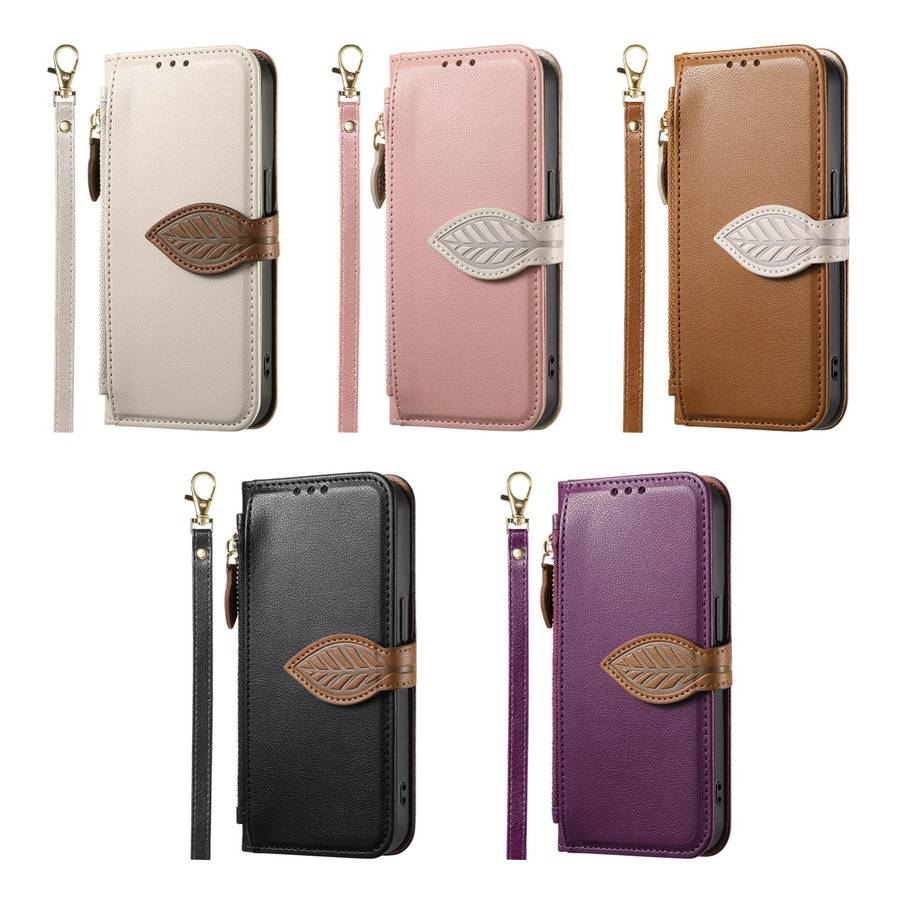 For Redmi 15C 5G / 4G Global 171mm Leaf Buckle Zipper Wallet Leather Phone Case with Strap(Brown)