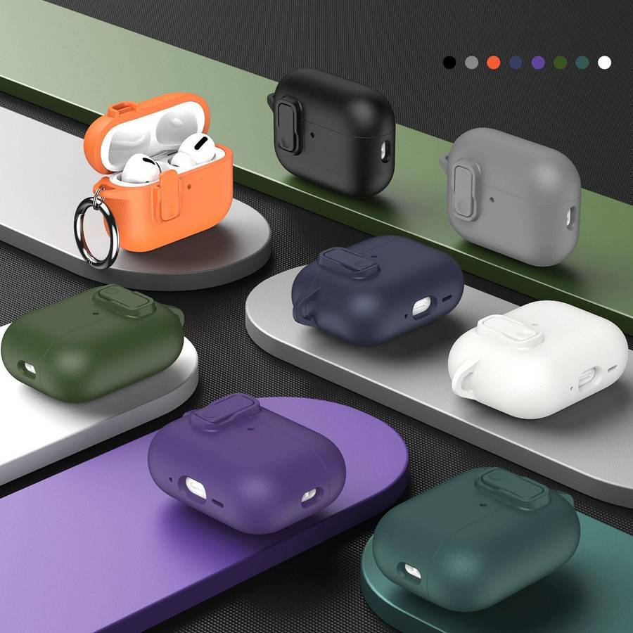 For AirPods 4 Grained Leather Look TPU Earphone Cover with Ring Hook(Mountain Ridge Green)