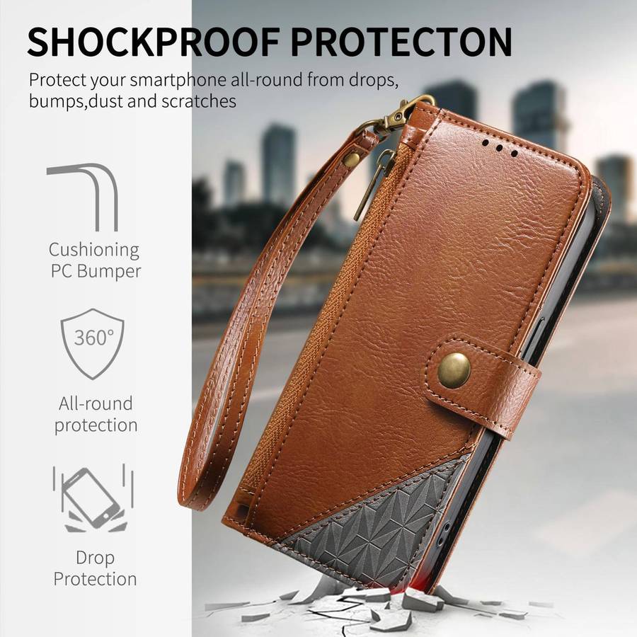 For Samsung Galaxy S22+ 5G Splicing Zipper Wallet Vegan Leather Phone Case with Strap(Brown)