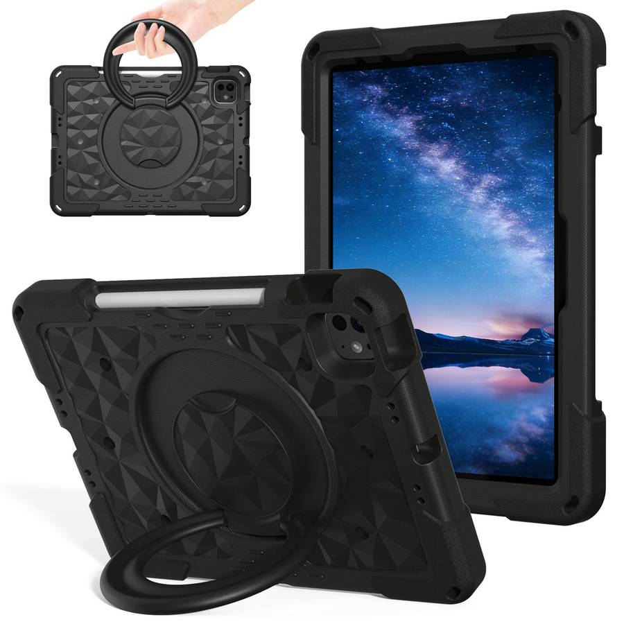 For iPad 2026 / 2025 / Air 11 2026 / 2025 Magic Ring Rotation Holder Shockproof Tablet ... (Black)