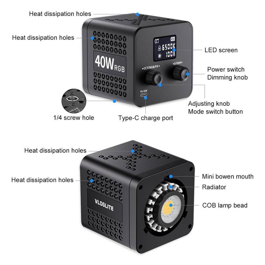VLOGLITE P40RGB Photography 40W COB RGB Video Light 20 Effects Modes Studio Video Lamp