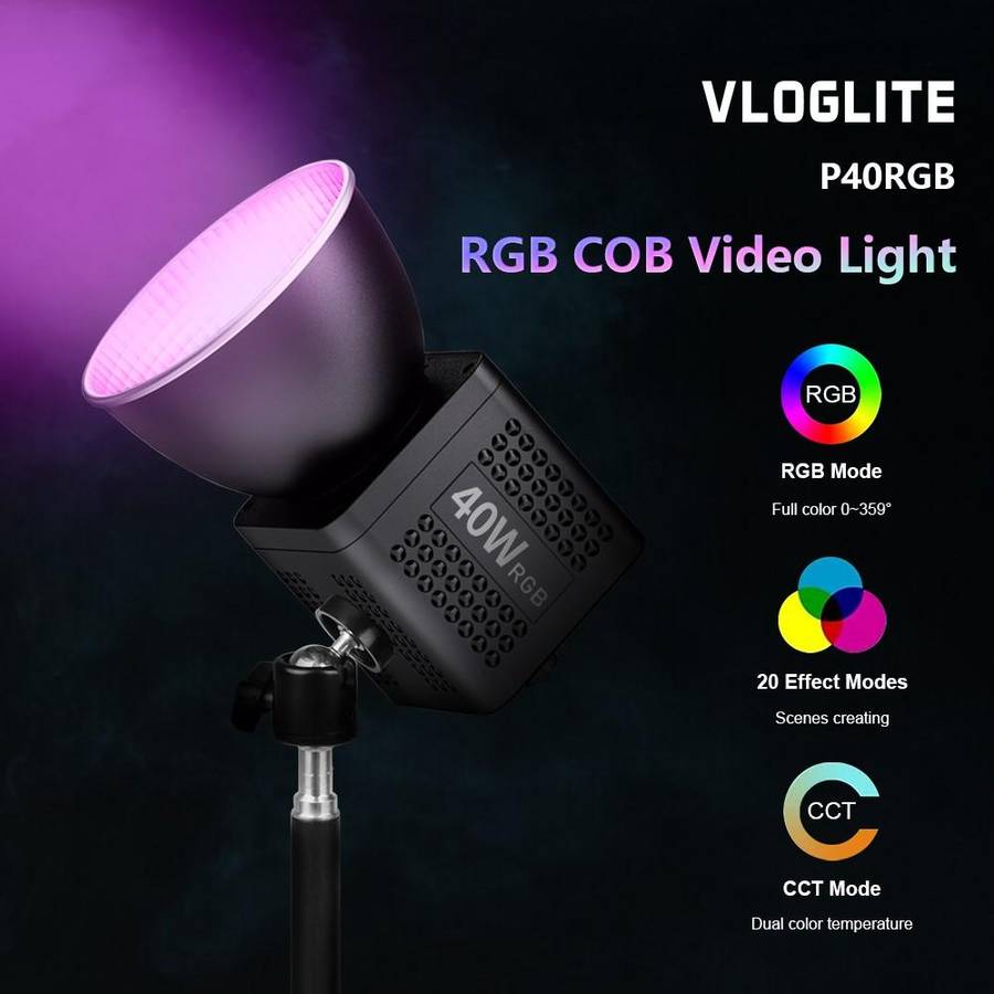 VLOGLITE P40RGB Photography 40W COB RGB Video Light 20 Effects Modes Studio Video Lamp