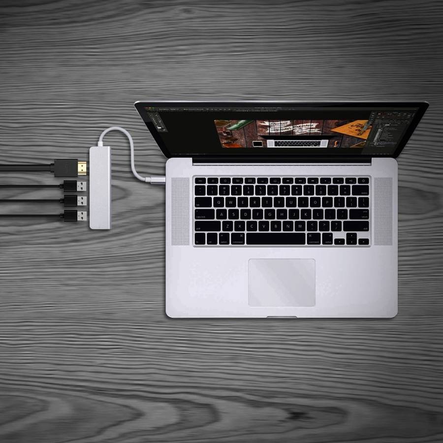 USB-C Hub, Type-C Adapter To HDMI,3 USB 3.0, Portable Aluminum USB C Dongle For MacBook Pro 2018/2