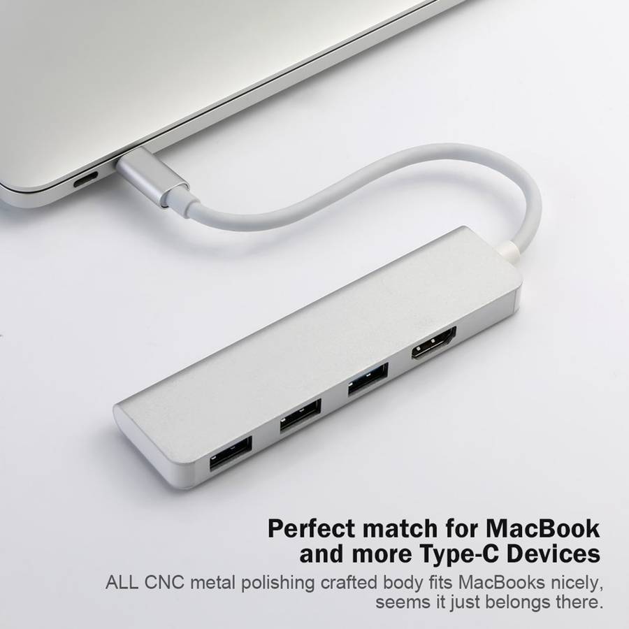 USB-C Hub, Type-C Adapter To HDMI,3 USB 3.0, Portable Aluminum USB C Dongle For MacBook Pro 2018/2