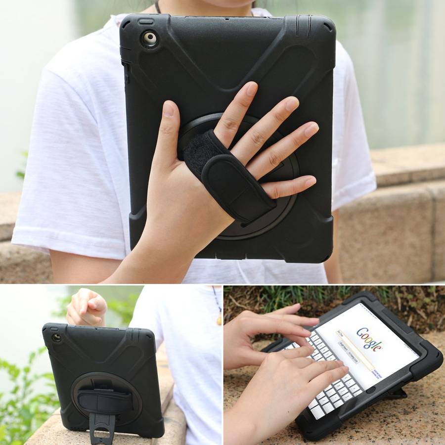 360 Degree Rotation Silicone Protective Cover with Holder and Hand Strap and Long Stra ... (Black)