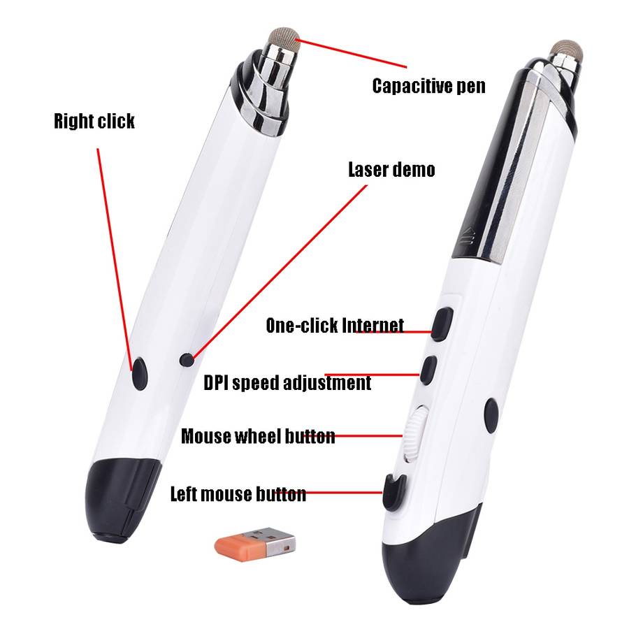 PR-08 1600DPI 6 Keys 2.4G Wireless Electronic Whiteboard Pen Multi-Function Pen Mouse PPT Flip Pen(