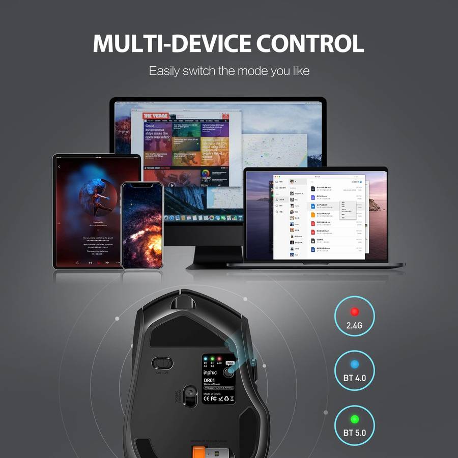 Inphic DR01 Bluetooth 3 Mode Wireless Mouse Charging Quiet Office Game Laptop Computer Home Use(Blac