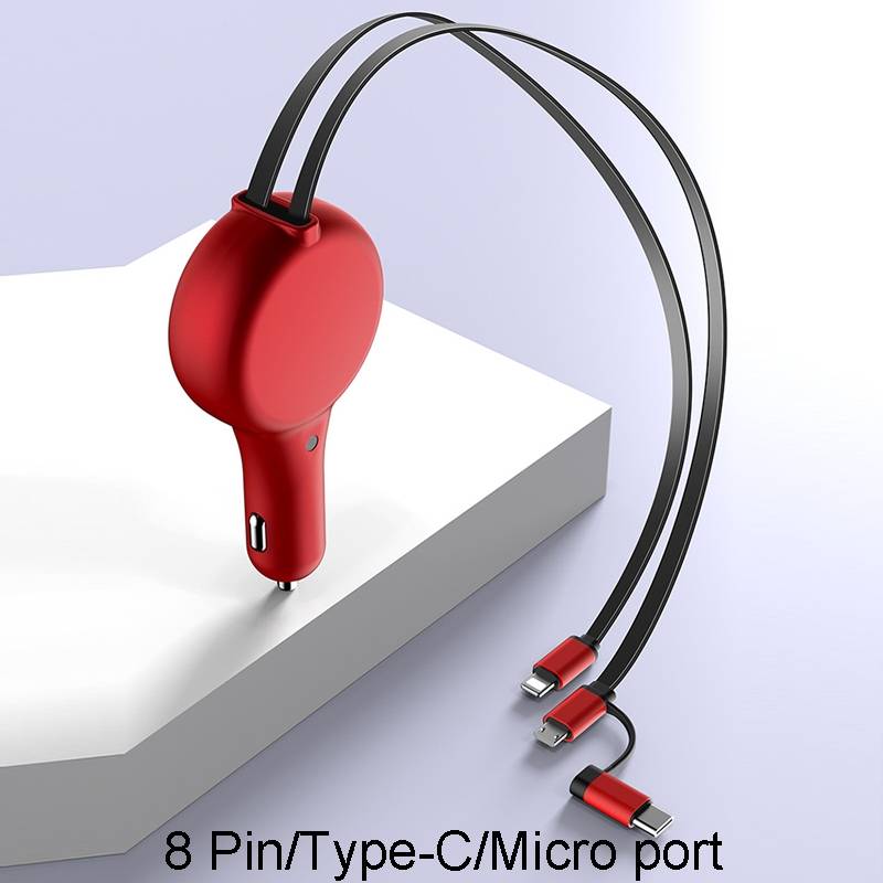 PD18W +QC 3.0 3 In 1 Retractable Car Charger With 8 Pin & Type-C/USB-C & Micro Port(Black)