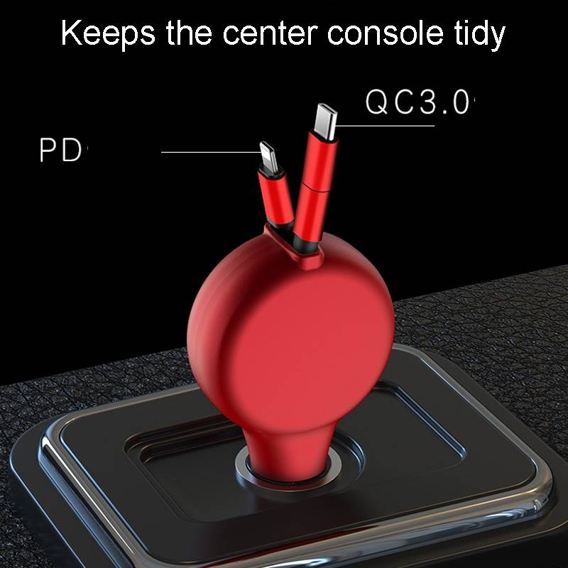 PD18W +QC 3.0 3 In 1 Retractable Car Charger With 8 Pin & Type-C/USB-C & Micro Port(Black)