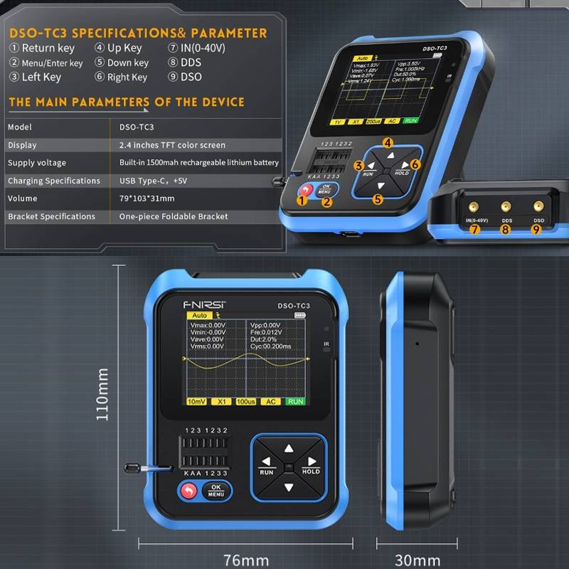 FNIRSI 3 In 1 Handheld Digital Oscilloscope LCR Transistor Tester, Specification: Standard