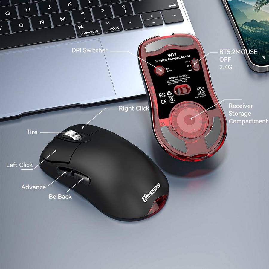 MKESPN Tri-Mode Wireless Gaming Mouse 24000 DPI, 6 RGB Lighting Modes, Rechargeable, Macro Programma