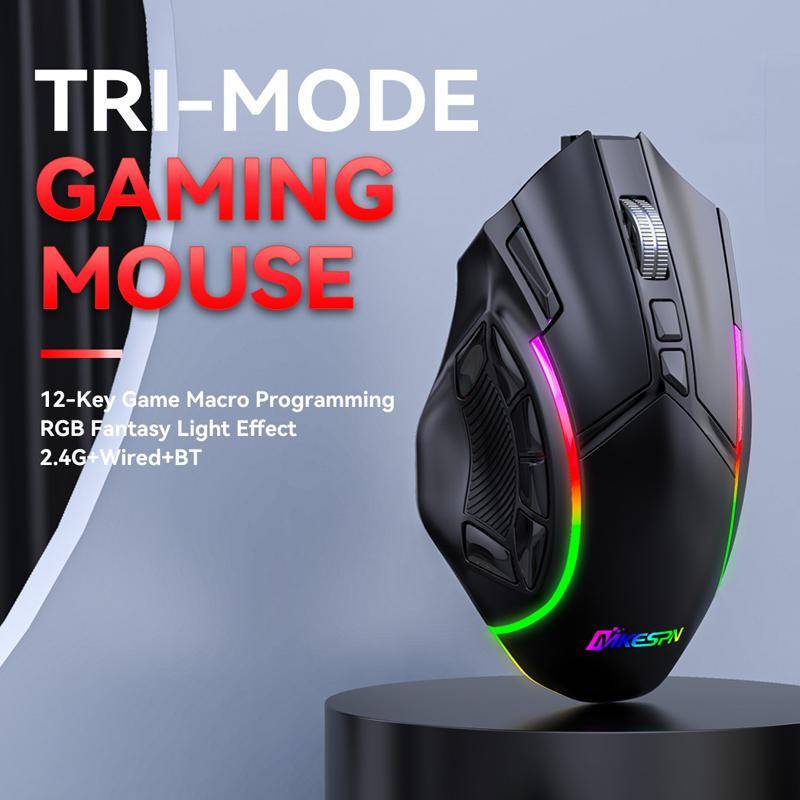 MKESPN W605 Triple-Mode 24000 DPI 12-key Wireless Gaming Mouse Macro Customization(Black)