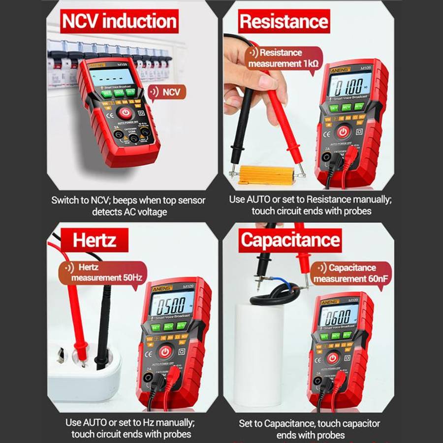 ANENG M109 Digital Multimeter With Voice Guide 4000 Counts, NCV Detection, Capacitance/Resistance/Vo