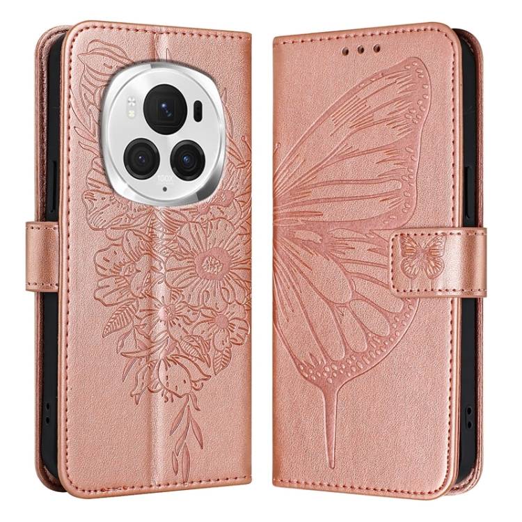 For Honor Magic6 Pro 5G Global Embossed Butterfly Leather Phone Case(Rose Gold)