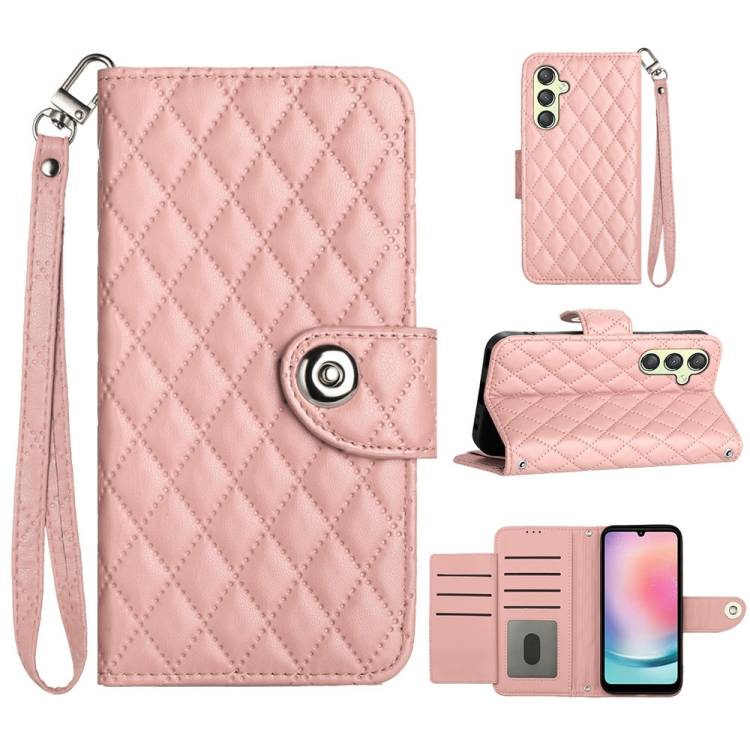 For Samsung Galaxy A54 Rhombic Texture Flip Leather Phone Case with Lanyard(Coral Pink)